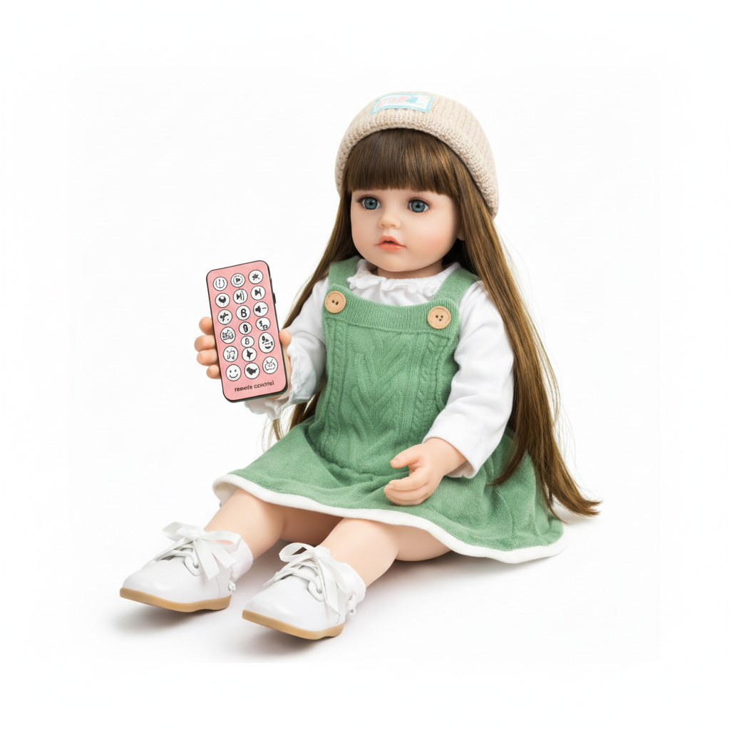 Doll in a green dress holding a remote control on a white background