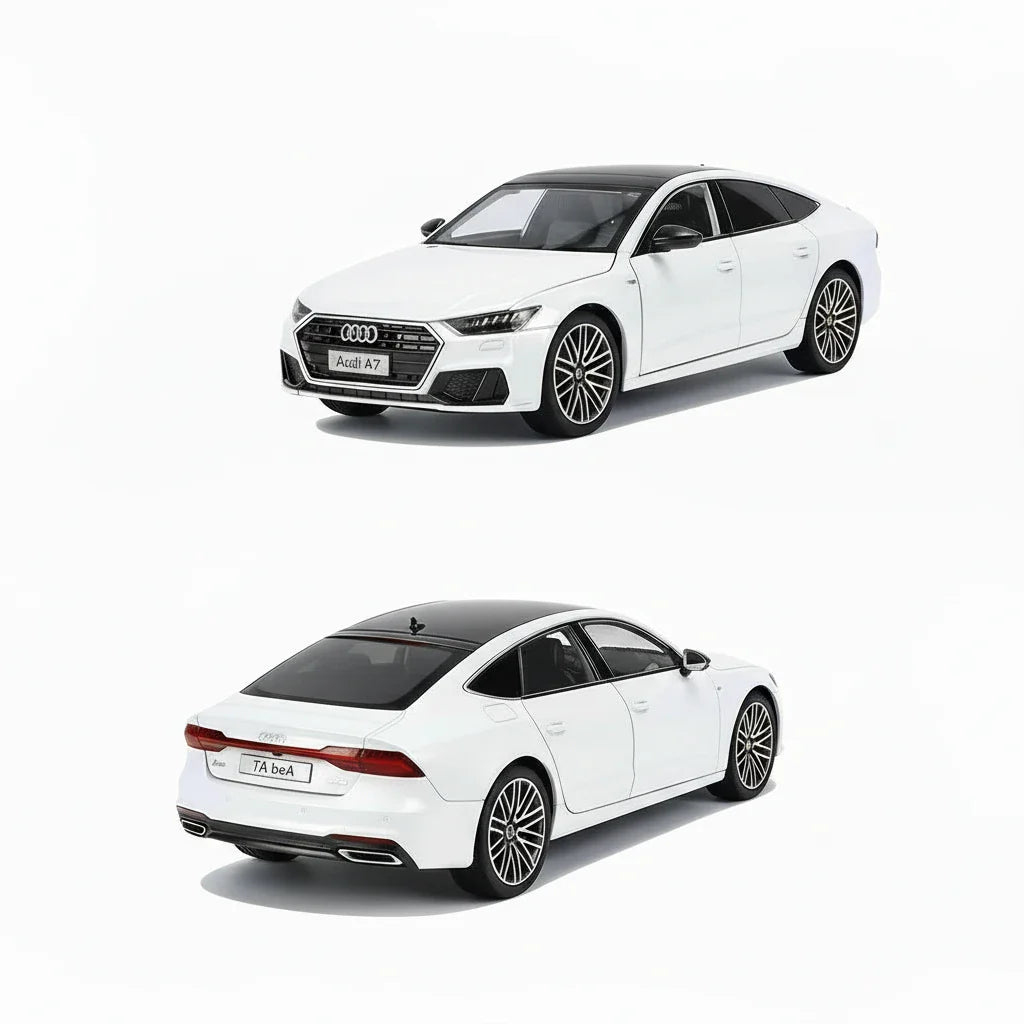 White Audi car with features highlighted on a white background