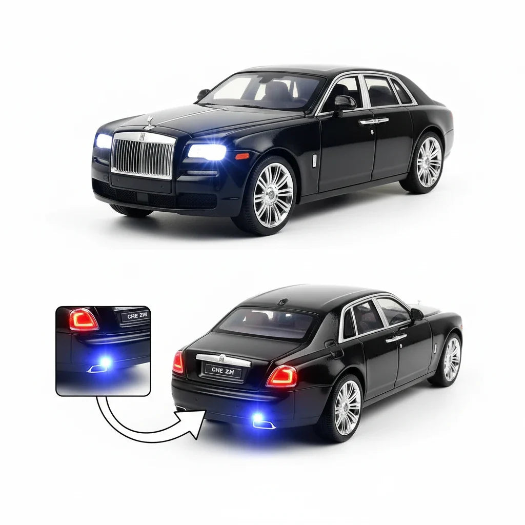Black Rolls-Royce car with a smaller model car and light display on a white background
